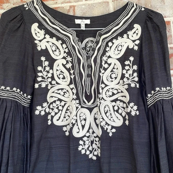 Joie Jaclyn Black 100% Silk Embroidered Balloon Sleeved Dress - Picture 2 of 10